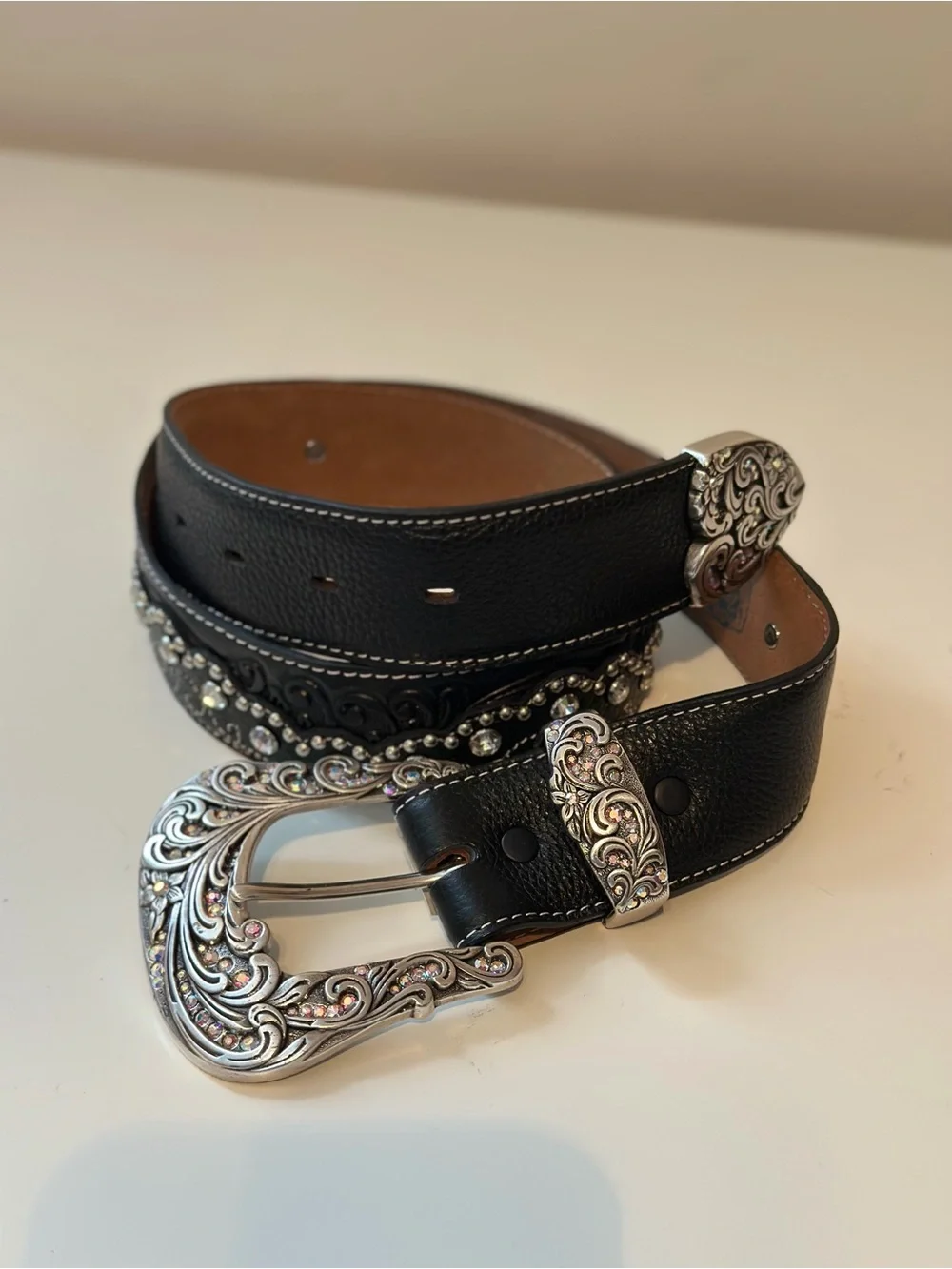 Tony Lama Black Leather Western Belt Crystal Silver Buckle Size 32 1.5
